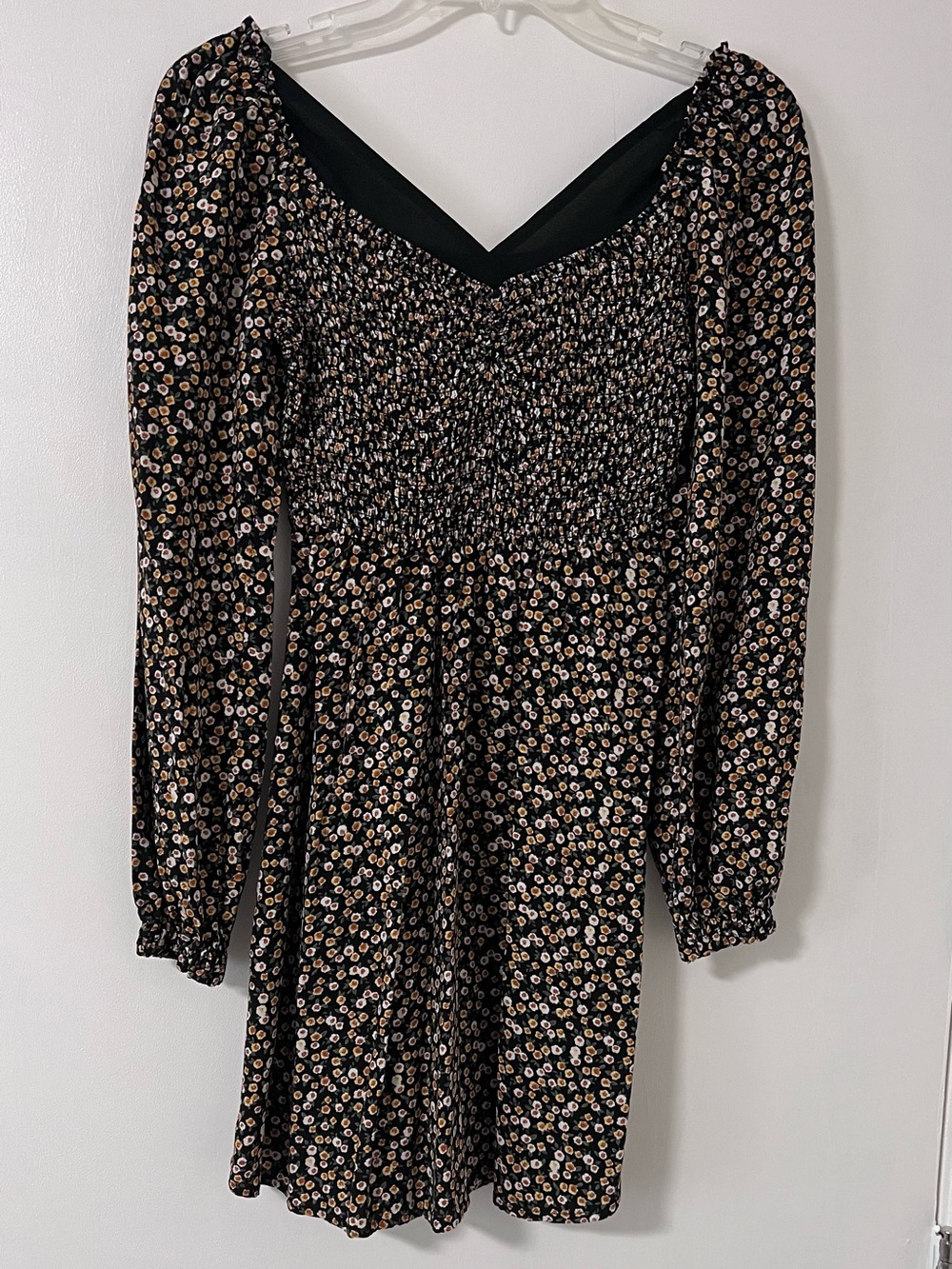 Hollister Ditsy Floral Smocked Mini Dress – Black Yellow Long Puff Sleeves Sz XS